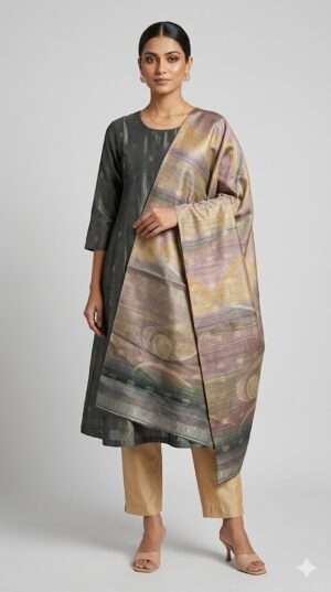 Charcoal Grey Zari Butti Kurti Set with Multi-Color Abstract Silk Dupatta Size-XXL