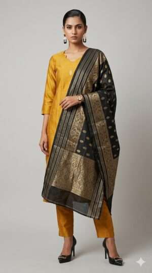 Mustard Yellow Silk Kurta Set with Black & Gold Banarasi Zari Dupatta