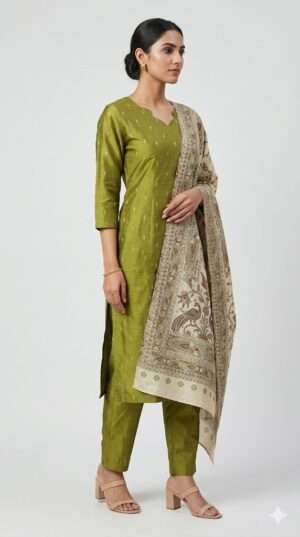 Premium Silk Blend Straight-Cut Kurti Set with Handcrafted Ethnic Motif Dupatta – 3-Piece Festive Ensemble