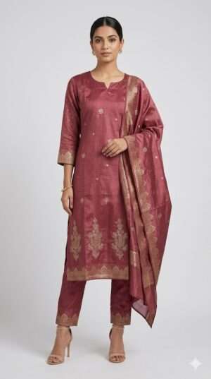 Premium Woven Zari Silk Kurta Set with Trousers and Matching Dupatta