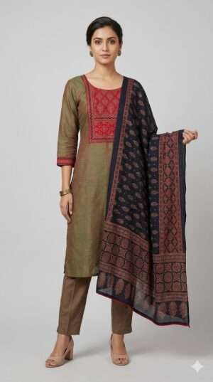 Elegant Embroidered Ethnic Kurta Set with Intricate Printed Dupatta – 3-Piece Ensemble