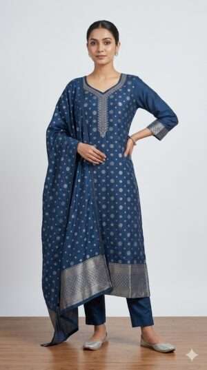 Elegant Woven Border Floral Print Ethnic Suit Set with Matching Dupatta