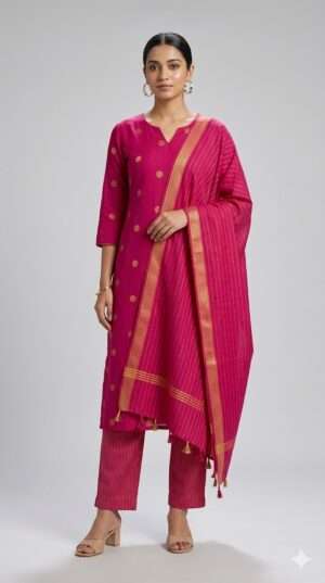 Magenta & Gold Polka Dot Kurta Set with Striped Trousers and Tasseled Dupatta – 3-Piece Festive Suite