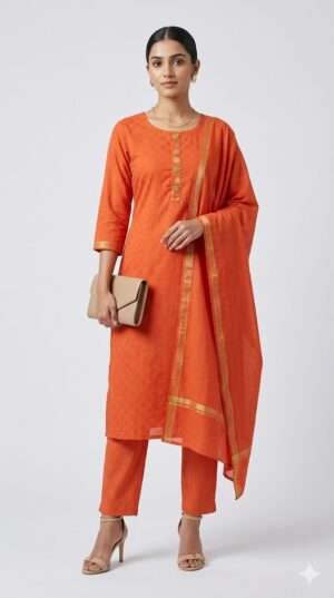 Burnt Orange Jacquard Kurta Set with Striped Trousers & Zari Dupatta (3-Piece)