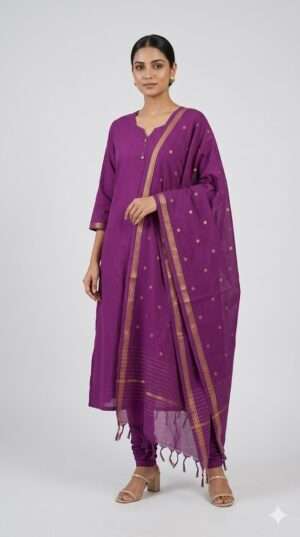 Elegant Plum Purple Cotton Silk Kurta Set with Zari Butti Dupatta & Churidar – 3-Piece Festive Suite
