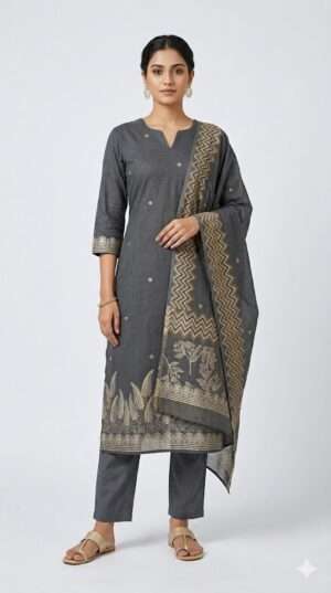 Charcoal Grey Cotton Silk Kurta Pant Set with Dupatta – Botanical Print Hem