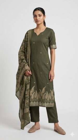 Olive Green Leaf Print Kurta Set with Dupatta – 3-Piece Ethnic Suit