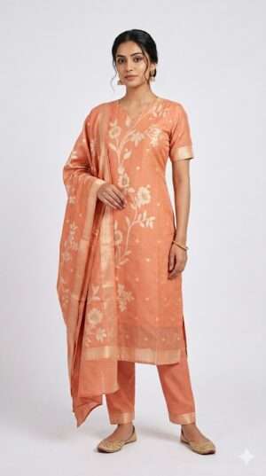 Peach Floral Woven Silk Blend Kurta Set with Scalloped Neckline and Dupatta (3-Piece)