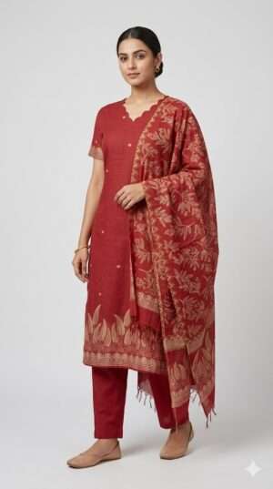 Maroon Scalloped Neck Leaf Print Kurta Set with Matching Trousers & Dupatta
