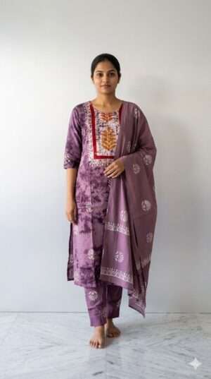 Mauve Purple Batik & Tie-Dye Kurta Set with Block Print Yoke (3-Piece)