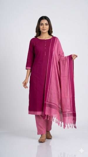 Elegant Deep Magenta Straight Kurta Set with Rose Pink Trousers & Temple Border Dupatta