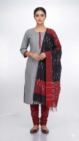 Elegant Grey Textured Kurti with Maroon Ikat Printed Churidar & Dupatta Set Chettinad Cotton Size-XL