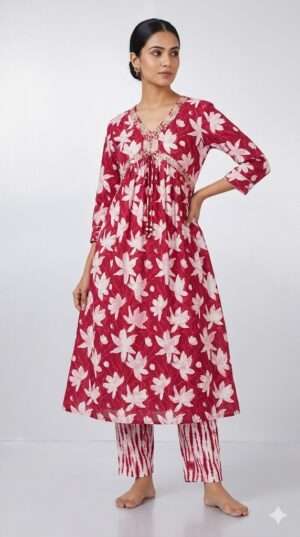 Maroon Floral Embroidered A-Line Kurti Set with Striped Trousers Size-L