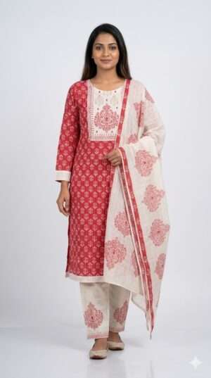 Elegant Red and Off-White Floral Block Print Cotton Kurti Set with Dupatta (3-Piece) Size-M