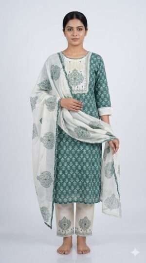 Elegant Teal Green & Cream Cotton Block Print Kurti Set with Dupatta - 3 Piece Ethnic Suit Size-M