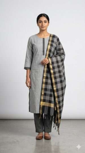 Elegant Slate Grey Cotton Slub Kurta Set with Pinstripe Trousers and Gold Zari Checkered Dupatta (3-Piece Set) Size-XL