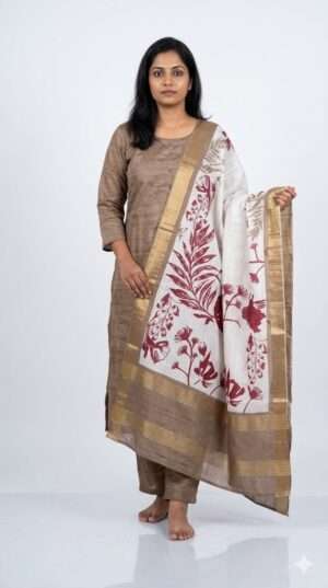 Elegant Earthy Brown Tussar Silk Kurta Set with Floral Block Print Dupatta – 3 Piece Set Size-M