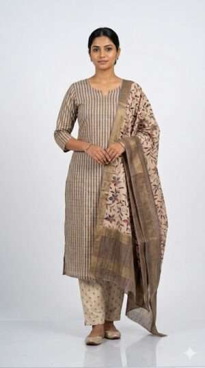 Earthy Brown Striped Cotton Kurti Set with Floral Printed Dupatta & Trousers Size-XXXL