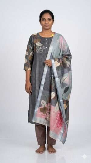 Charcoal Grey Leaf Embroidered Kurti Set with Printed Zari-Border Dupatta (3-Piece Set) Size-L