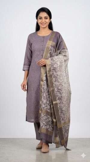 Elegant Mauve Floral Print Kurti Set with Zari Border Dupatta – 3-Piece Ethnic Suit Size-M