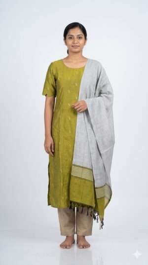 Mustard Green Scalloped Neck Cotton Kurti Set with Tasselled Dupatta Size-M