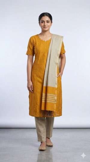 Mustard Yellow Scalloped Neck Cotton Kurti Set with Tasselled Dupatta