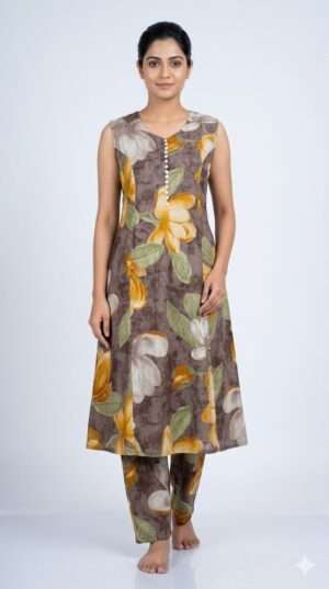Elegant Earthy Brown Floral Print Sleeveless A-Line Kurti Set with Matching Trousers