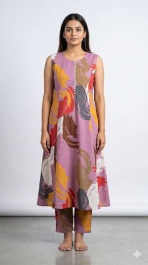 Mauve Muse: Abstract Brushstroke Sleeveless A-Line Kurta Set with Trousers Size-XL