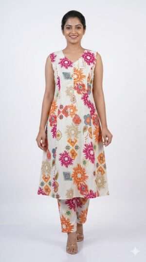Vibrant Sunburst Print A-Line Sleeveless Kurti Set with Matching Trousers Size-XL
