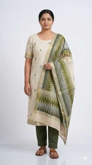 Beige Leaf Embroidered Silk-Blend Kurta Set with Olive Green Pants & Ikat Print Dupatta