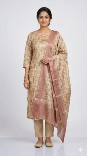 Elegant Beige Abstract Print Kurta Set with Mauve Silk-Blend Dupatta – 3-Piece Ethnic Set