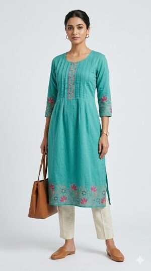 Elegant Floral Embroidered Pin-Tuck Kurti – Premium Ethnic Tunic Top