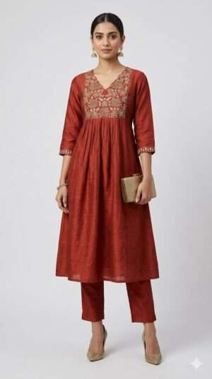 Floral Embroidered Scalloped Neck A-Line Gathered Kurti