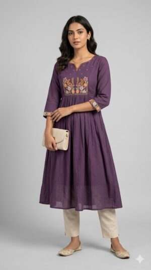 Elegant Deep Purple Embroidered Flared Cotton Kurti – Floral Yoke Design Size-M