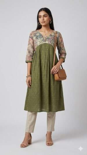 Olive Green Empire-Waist Kurti with Floral Yoke & Pleated Detail