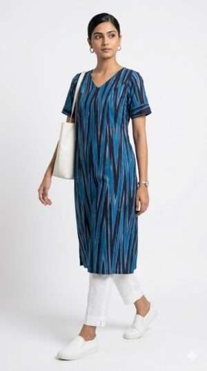 Indigo Blue Ikat Print V-Neck Cotton Kurti – A-Line Ethnic Tunic (Top Only) Size-S