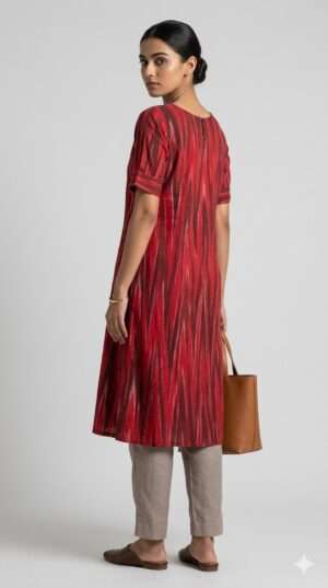 Crimson Flame Ikat Cotton A-Line Kurti – Handcrafted Ethnic Top Size-XL