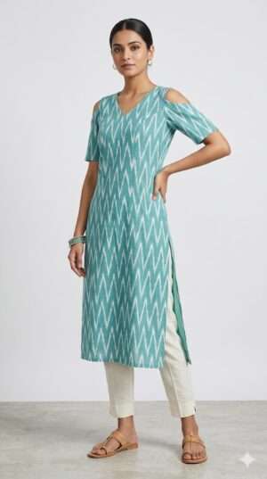 Teal & White Ikat Print V-Neck Cold-Shoulder Kurti – Straight Fit Cotton Top Size-XS
