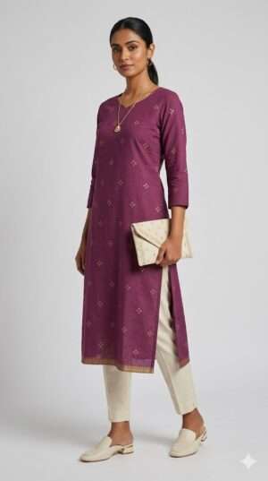 Elegant Plum Purple Cotton Silk Straight Kurti – Gold Foil Buti Print (Top Only) Size-XS