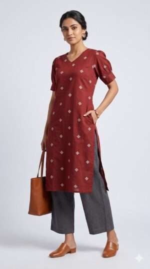 Maroon Geometric Buti Embroidered Kurti with Puffed Sleeves & Pockets Size-XXL