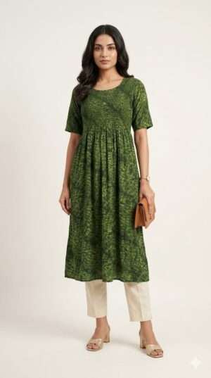 Forest Green Shibori Print Smocked Kurti – Elegant A-Line Cotton Tunic (Top Only) Size-XL