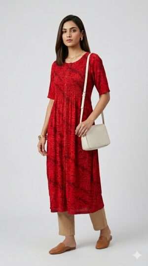Vibrant Crimson Abstract Print Gathered Kurti – Button-Down Ethnic Tunic (Top Only) Size-XXL