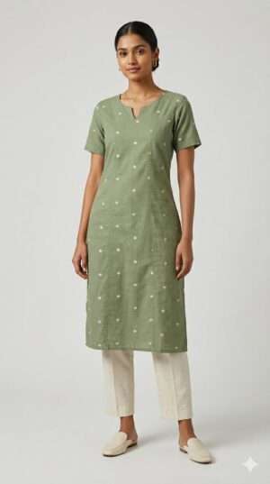 Sage Green Cotton-Linen Embroidered Straight Kurti | Minimalist Ethnic Workwear Top for Women