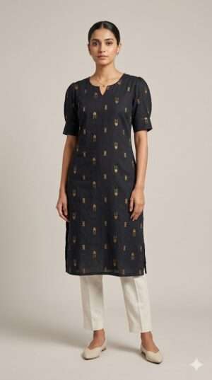 Midnight Black Linen-Blend Kurti with Gold Geometric Motifs | Elegant Puff Sleeve Straight Kurta Size-XL
