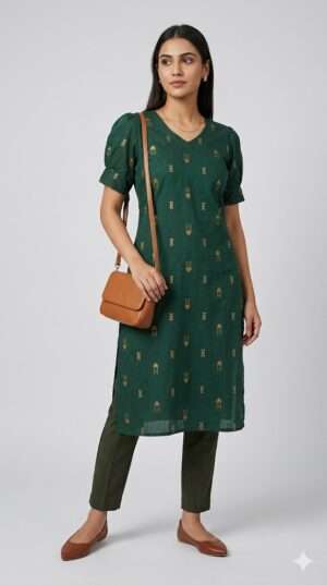Forest Green Ethnic Gold Print Kurti | Short Puff Sleeve V-Neck Straight Kurta Top Size-XL