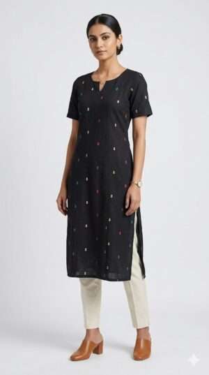 Elegant Black Embroidered Slub Cotton Kurti – Straight Fit Ethnic Tunic (Top Only) Size-XS