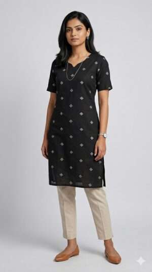 Elegant Black Cotton Kurti with Silver Geometric Embroidery – Short Sleeve Ethnic Tunic for Women (Top Only) Size-XL