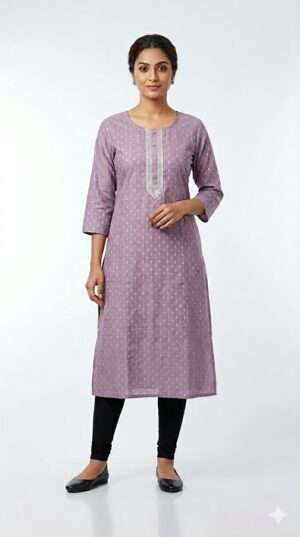 Mauve Bloom: Floral Printed Straight Kurti with Embroidered Placket (Top Only)