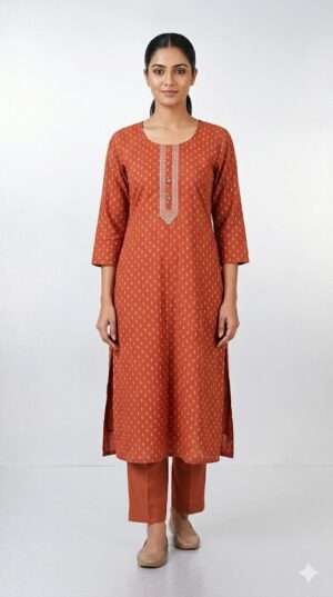 Rust Terracotta Geometric Print Cotton Kurti – Elegant 3/4 Sleeve Ethnic Top