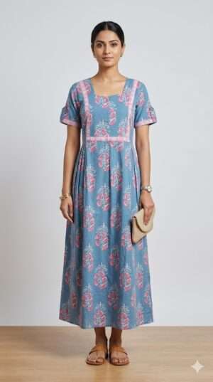 Premium Soft Cotton Nighty – Blue Ethnic Floral Print Maxi Nightdress